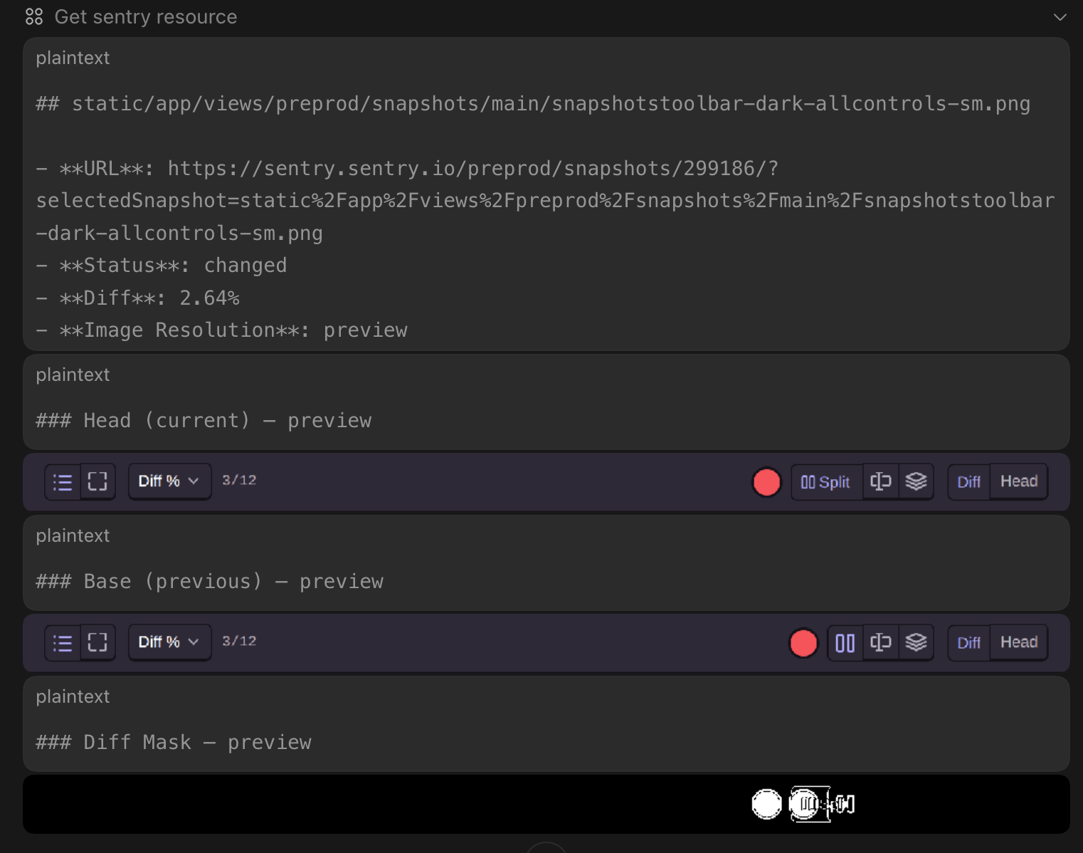 Sentry MCP tool returning snapshot resource with head image, base image, diff mask, and metadata in Codex