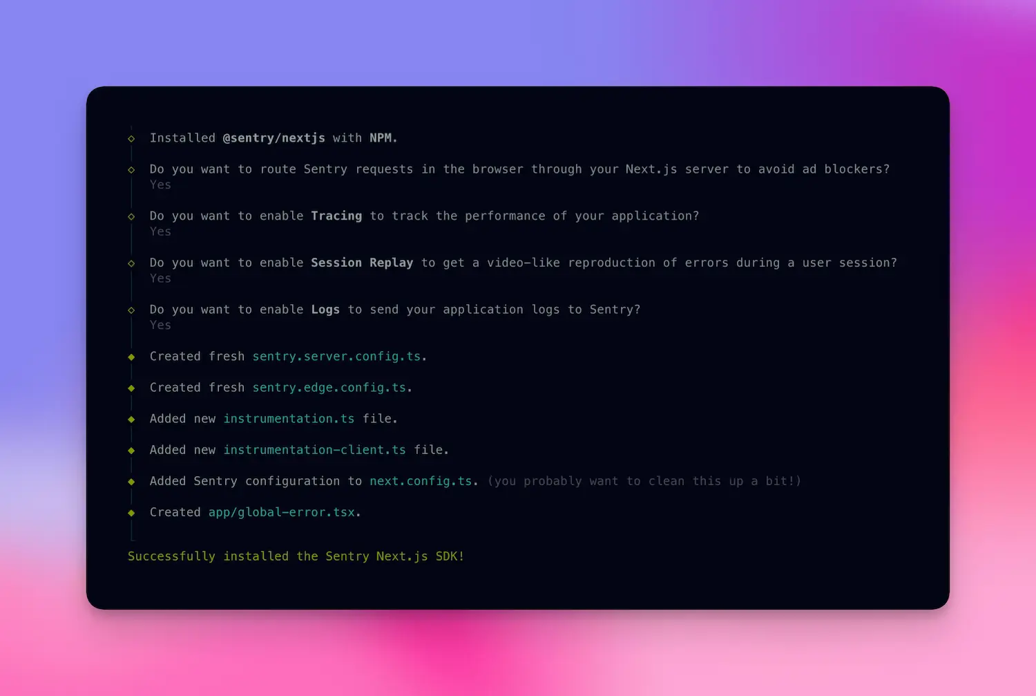 Sentry Next.js SDK wizard CLI showing installation with tracing, session replay, and logs enabled
