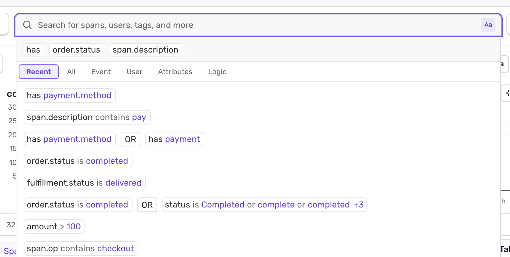 Sentry search bar showing suggested filters like payment.method, order.status, and amount