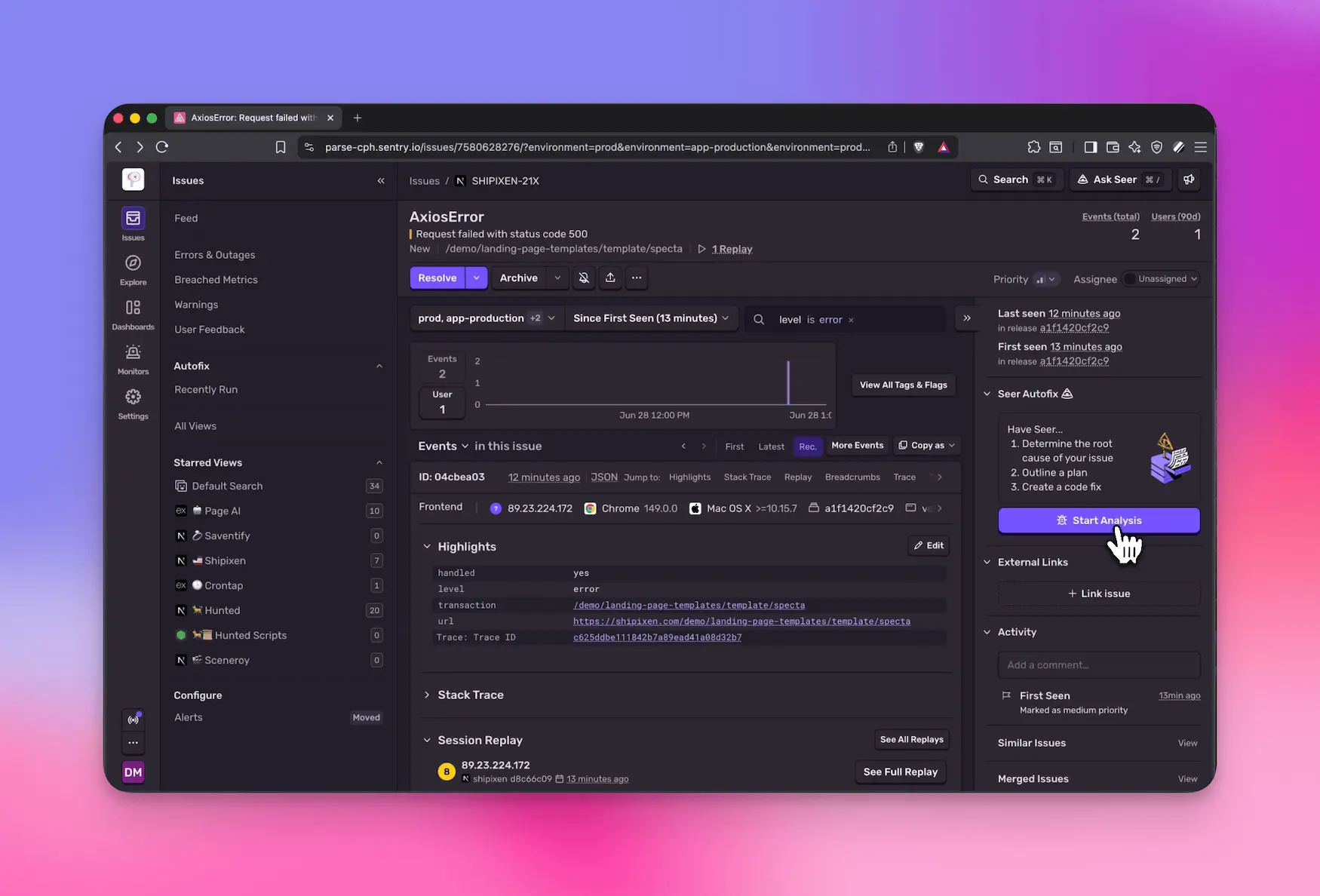 Sentry issue view showing AxiosError with Seer Autofix Start Analysis button on the right