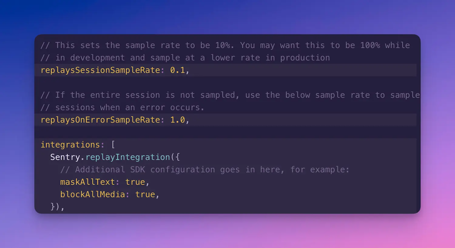 Sentry config code showing replaysSessionSampleRate and replayIntegration settings