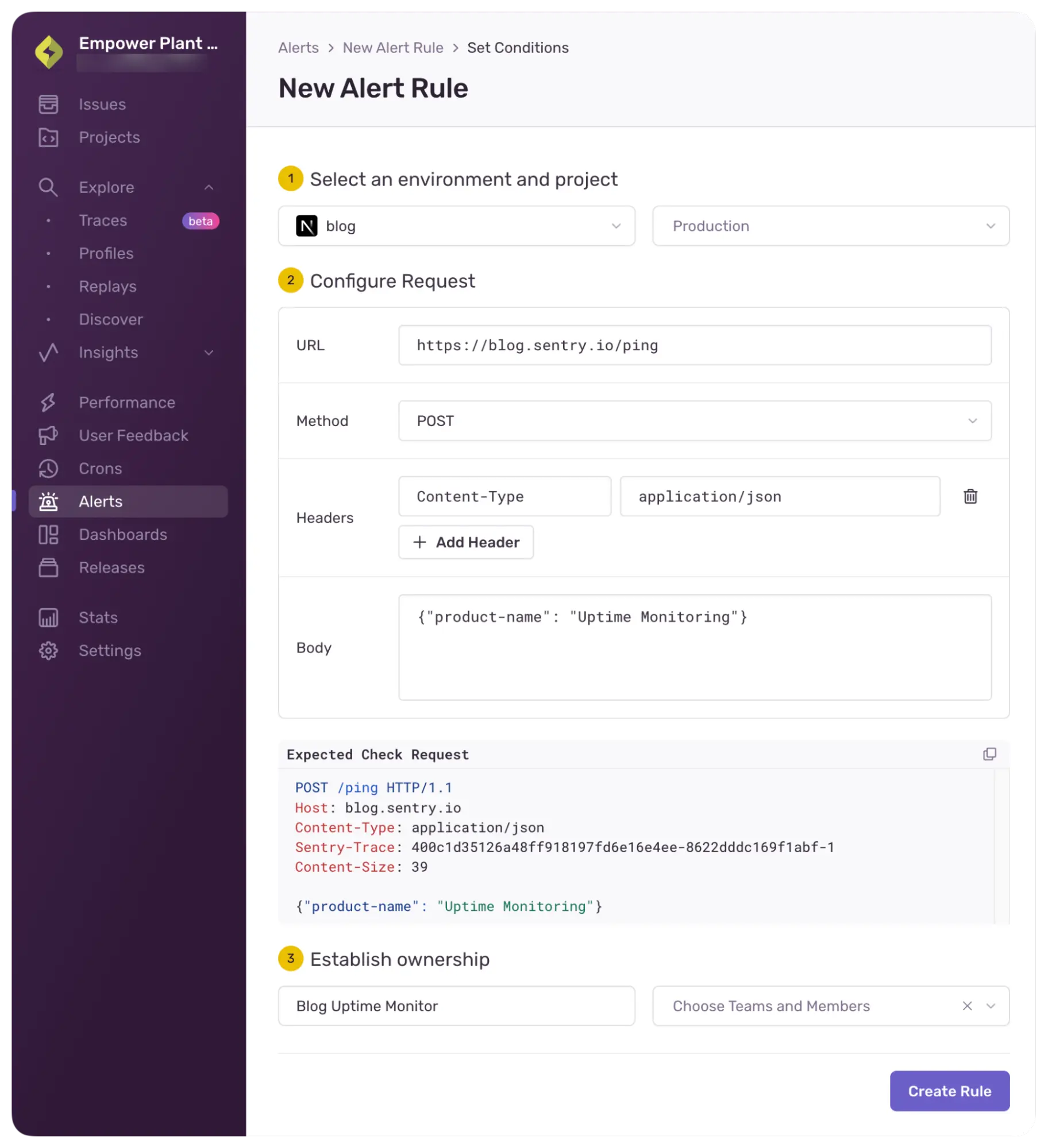 Sentry new alert rule configuration page for uptime monitoring with URL, HTTP method, headers, and request body fields