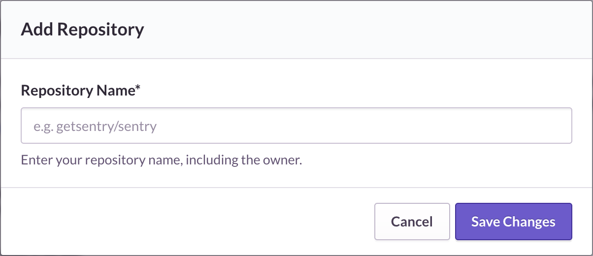 Sentry Add Repository dialog with a Repository Name input field and Save Changes button