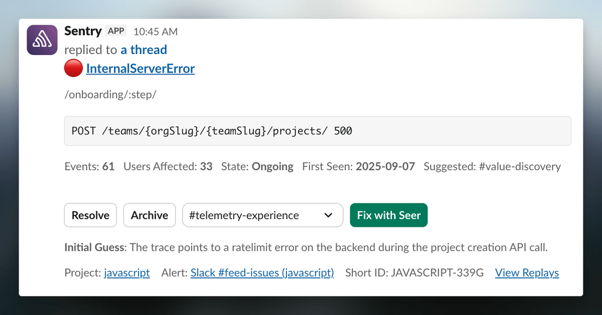 Slack notification for a ReferenceError in javascript-nextjs with a 'Fix with Seer' button and an initial guess about the root cause