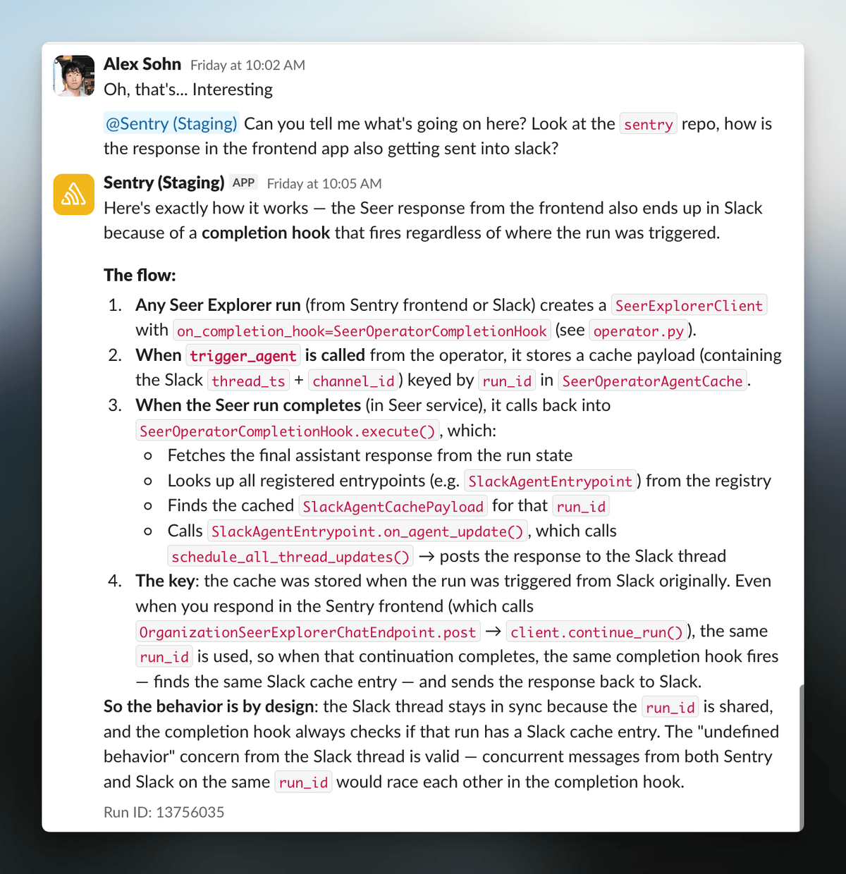 Slack thread showing Seer Agent investigating a user feedback report about Seer failing at the create PR step, with a detailed root cause analysis on GitHub App installation token 404s