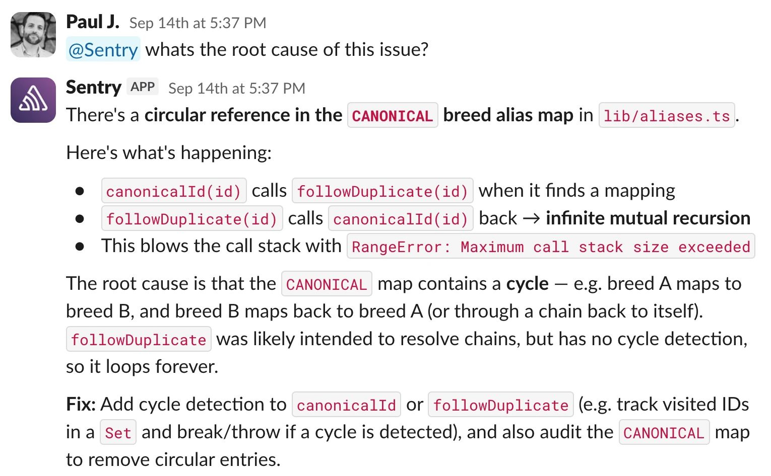 A Slack thread where Seer answers a root cause question, tracing a RangeError to mutual recursion in a breed alias map