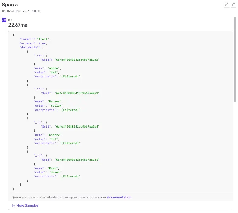 Sentry span detail showing a MongoDB insert command with contributor fields redacted to [Filtered] by the client-side OTEL span processor