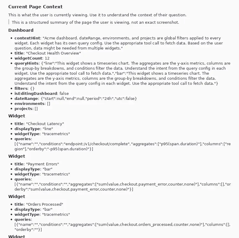 Structured page context showing a clean dashboard description with widget titles, display types, queries, and metadata