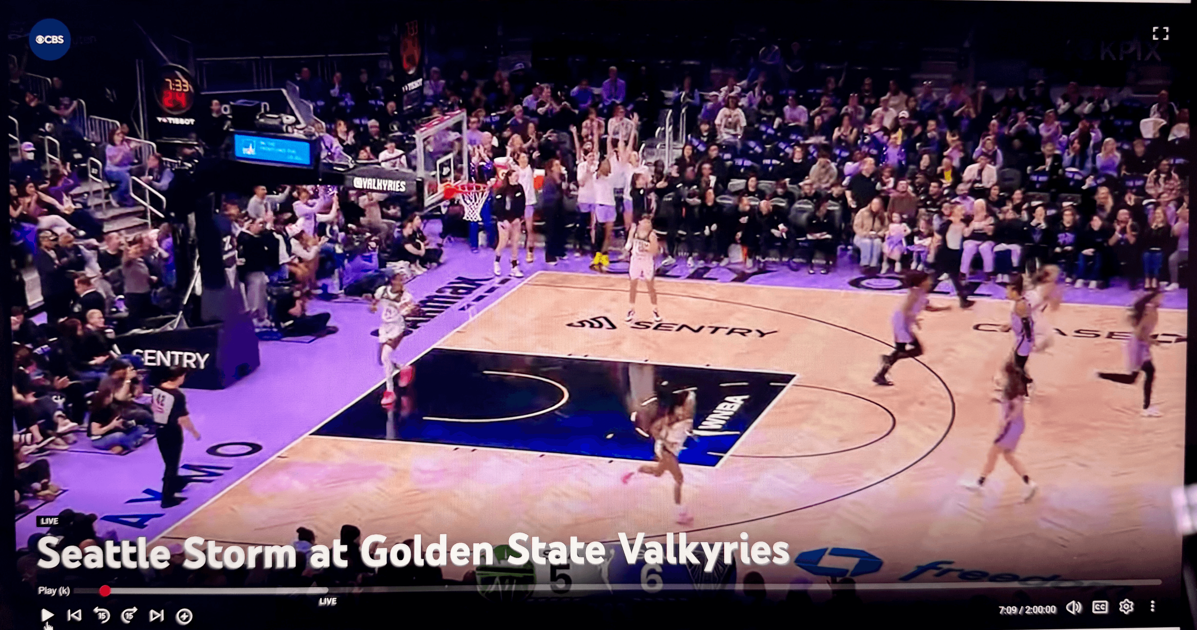 Sentry logo on the WNBA court during a Seattle Storm at Golden State Valkyries game broadcast on CBS