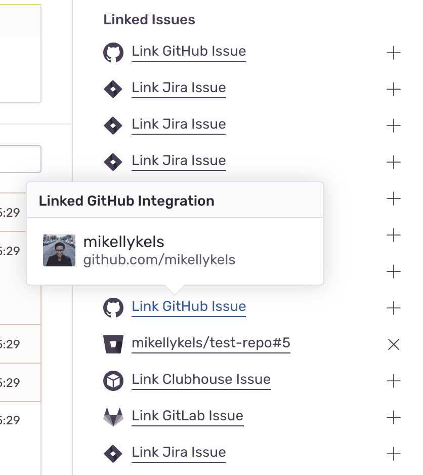 Sentry linked issues panel showing GitHub, Jira, Clubhouse, and GitLab integration options