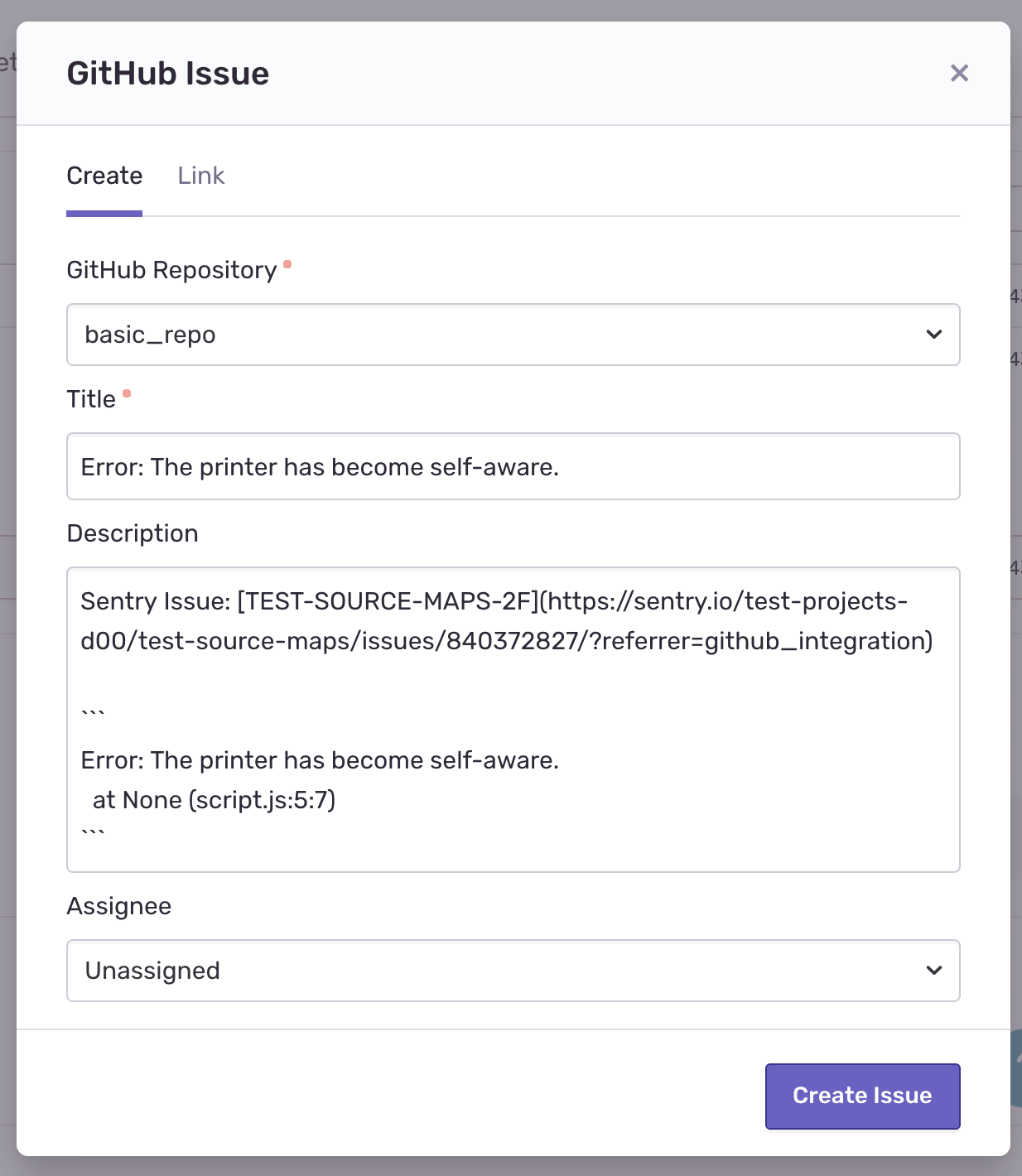 Dialog to create a GitHub issue from Sentry with repository, title, description, and assignee fields