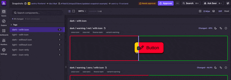 Sentry Snapshots wipe diff comparison mode cycling through button component changes